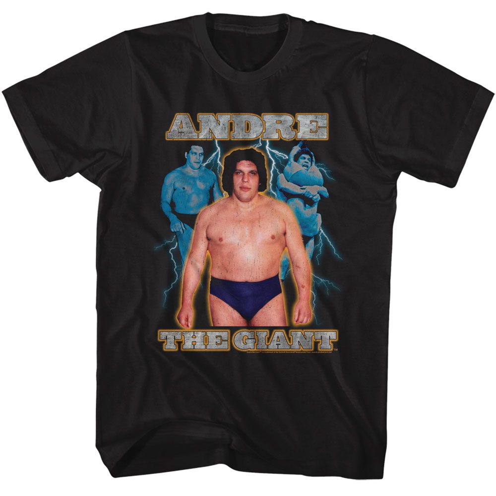 Black Andre the Giant t-shirt featuring Andre the Giant Lightning design