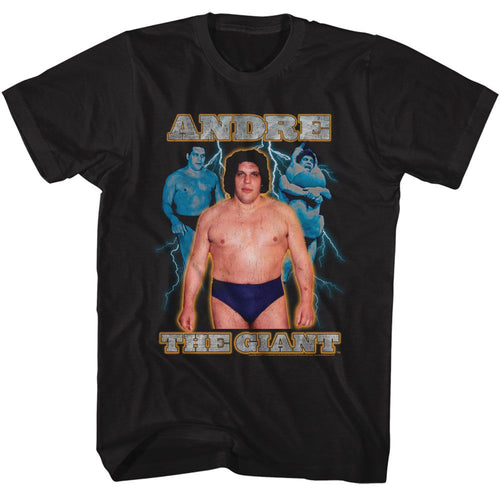 Black Andre the Giant t-shirt featuring Andre the Giant Lightning design