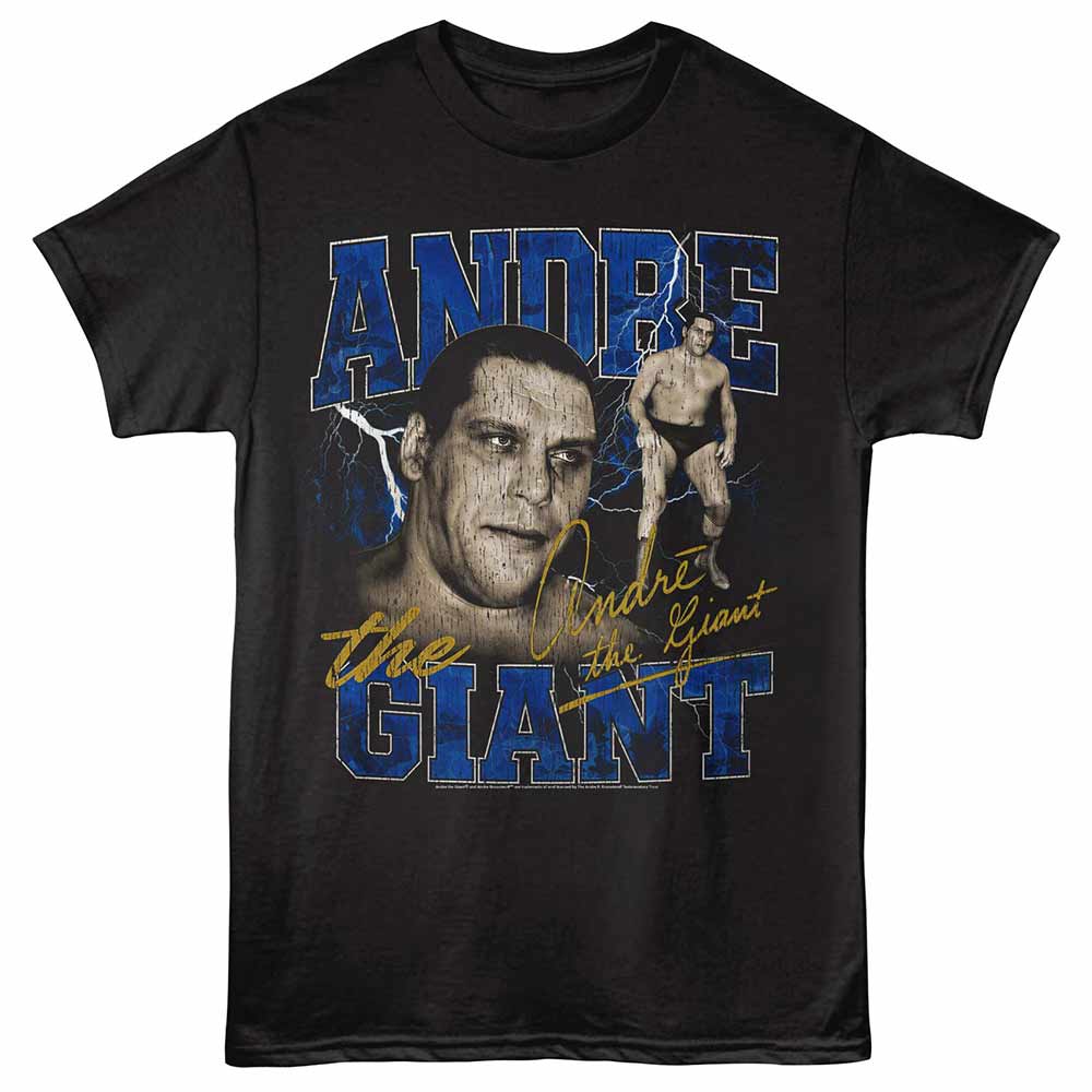 Black Andre the Giant t-shirt featuring a Signature Lightning design