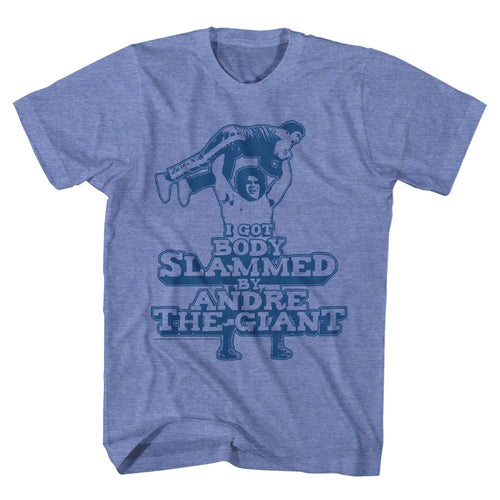 Light blue heather Andre the Giant t-shirt featuring Andre the Giant Slammed WrestleMania III Hulk Hogan design
