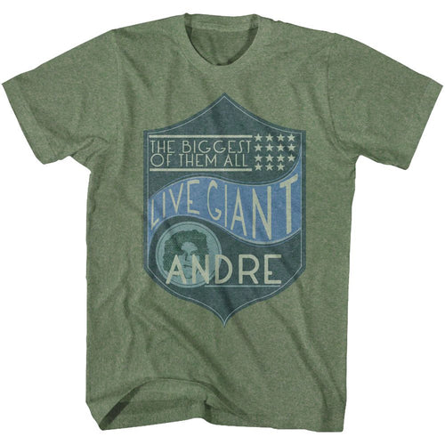 Military green heather Andre the Giant t-shirt featuring Andre the Giant Biggest Of Them All design