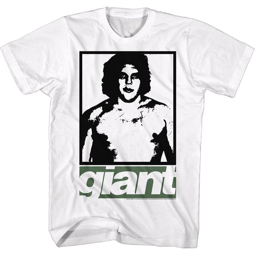 White Andre the Giant t-shirt featuring Andre the Giant Gizey design