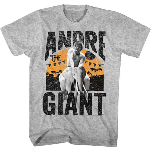 Gray heather Andre the Giant t-shirt featuring Andre the Giant Elephant Ride size joke design