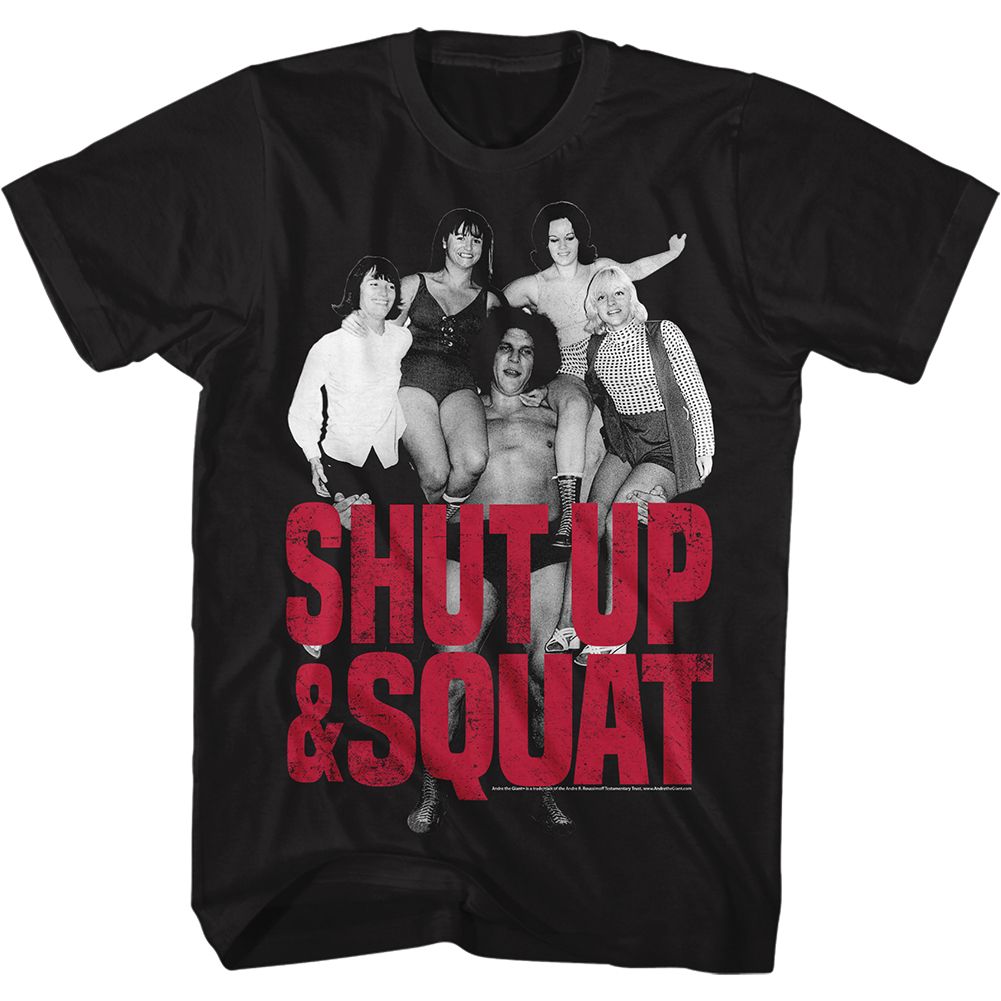 Black Andre the Giant t-shirt featuring Andre the Giant Shut Up And Squat training design