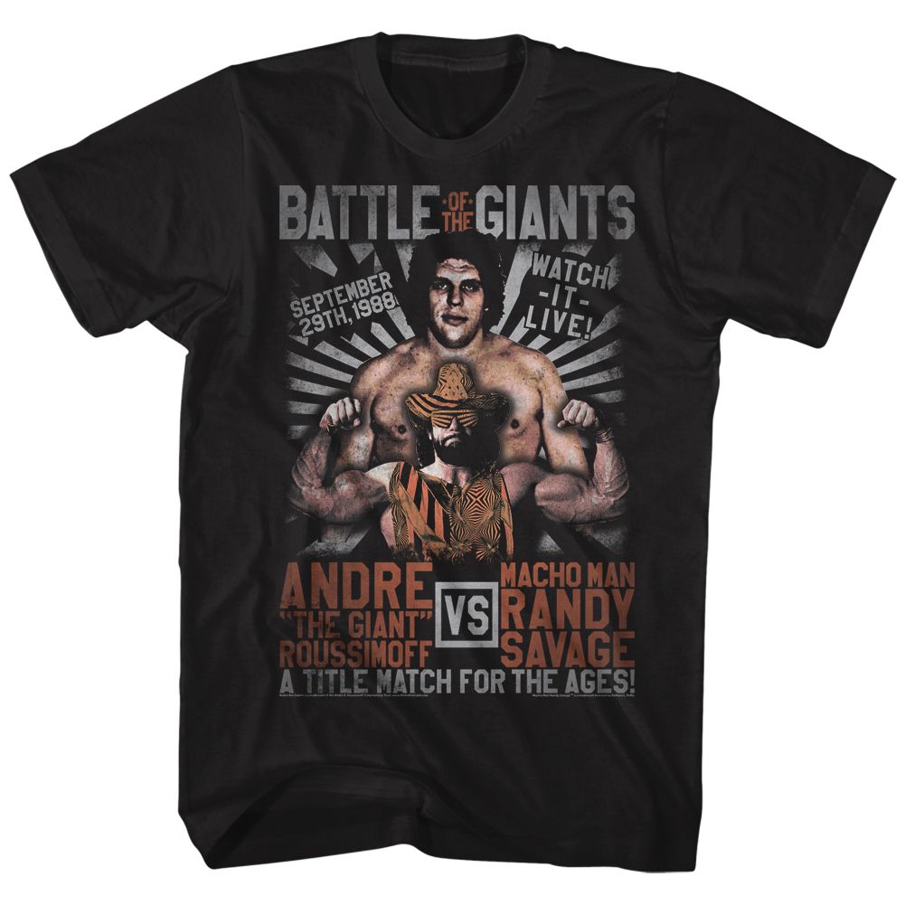 Black Andre the Giant t-shirt featuring Andre the Giant Versus Match wrestling design