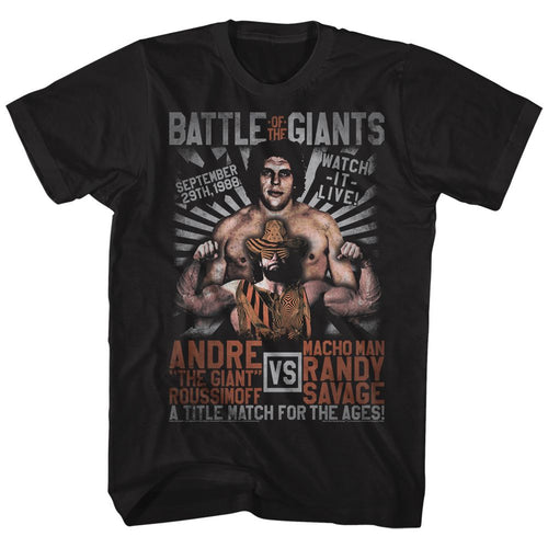 Black Andre the Giant t-shirt featuring Andre the Giant Versus Match wrestling design