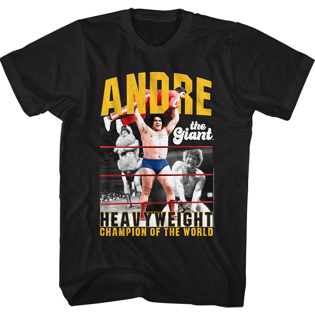 Black Andre the Giant t-shirt featuring Andre the Giant Heavyweight Champion design