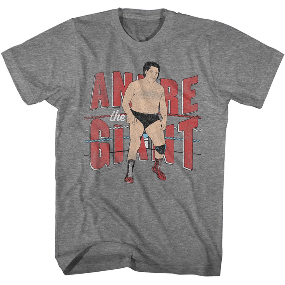 Graphite heather Andre the Giant t-shirt featuring Andre the Giant in ring with ropes design