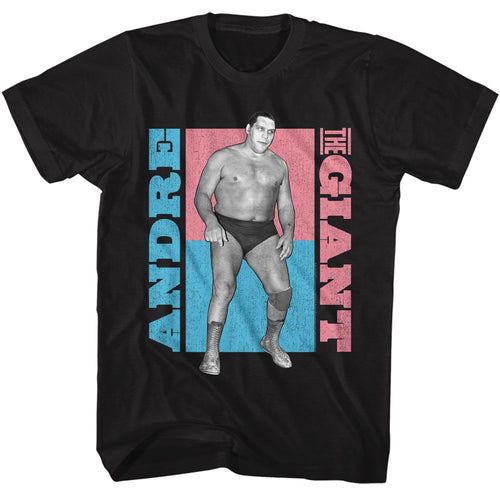 Black Andre the Giant t-shirt featuring Andre the Giant ATG color blocks modern design