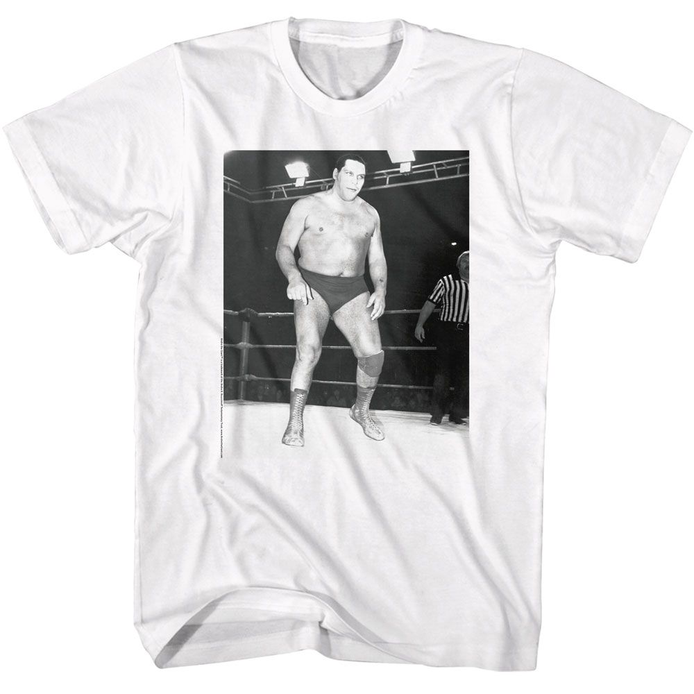 White Andre the Giant t-shirt featuring Andre the Giant Andre black and white photo design