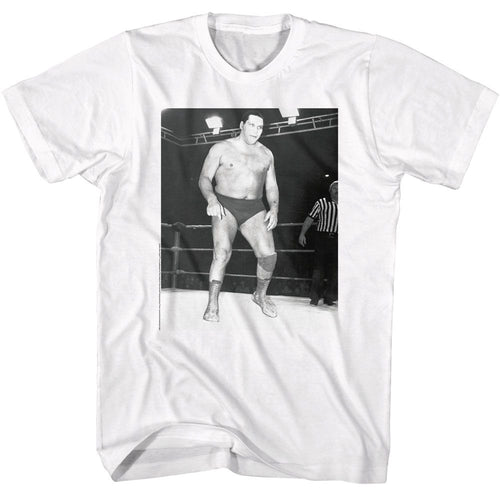 White Andre the Giant t-shirt featuring Andre the Giant Andre black and white photo design