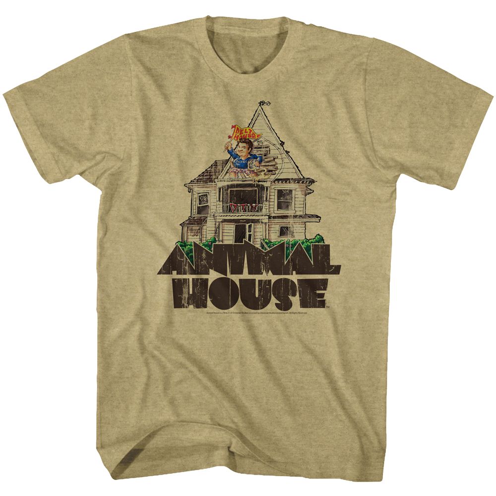 Khaki heather Animal House t-shirt featuring Animal House Flag Flyer Delta House design