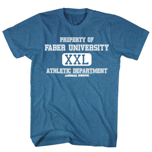Indigo heather Animal House t-shirt featuring Animal House Athletic Department Faber College design