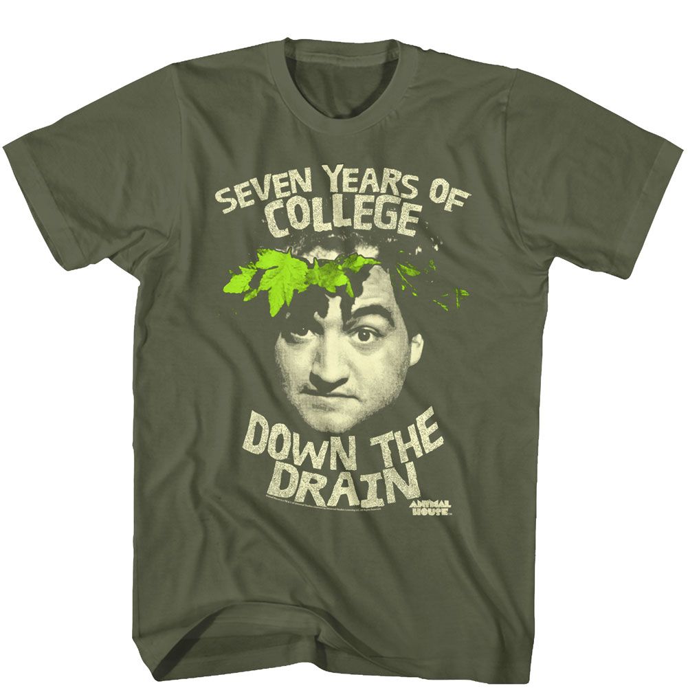 Military green Animal House t-shirt featuring Animal House Down The Drain Bluto seven years design