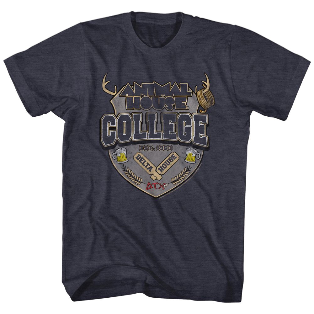 Navy heather Animal House t-shirt featuring Animal House College Crest Faber emblem design