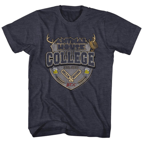 Navy heather Animal House t-shirt featuring Animal House College Crest Faber emblem design