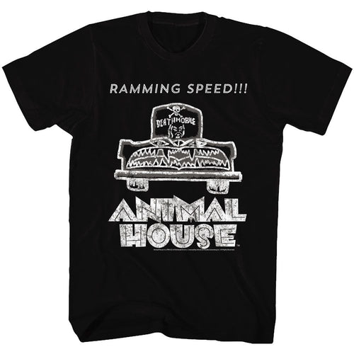 Black Animal House t-shirt featuring Animal House Ramming Speed parade finale design