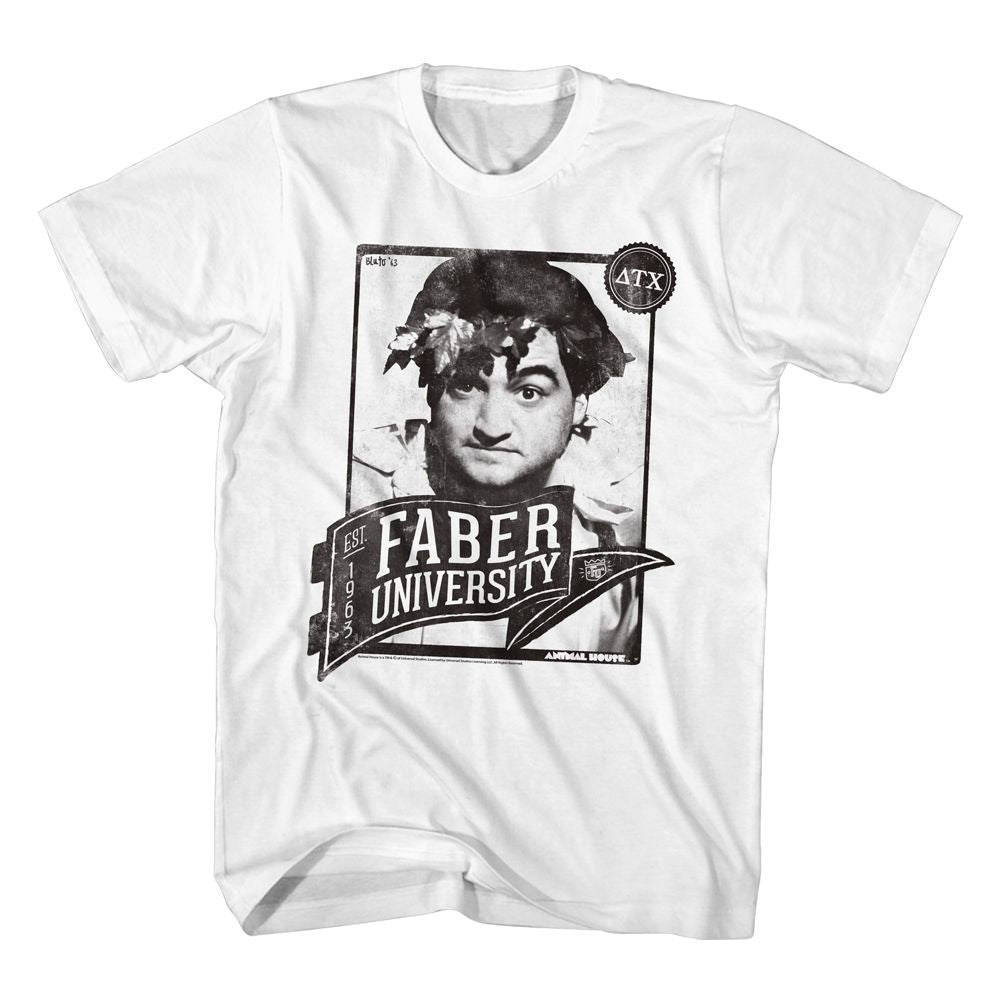 White Animal House t-shirt featuring Animal House Pennant Faber University design