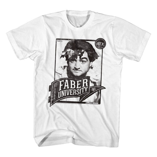 White Animal House t-shirt featuring Animal House Pennant Faber University design