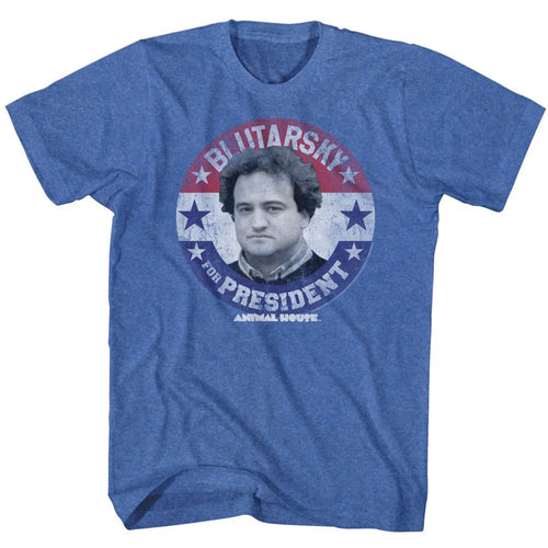 Royal blue heather Animal House t-shirt featuring Animal House Blutarsky For President campaign design