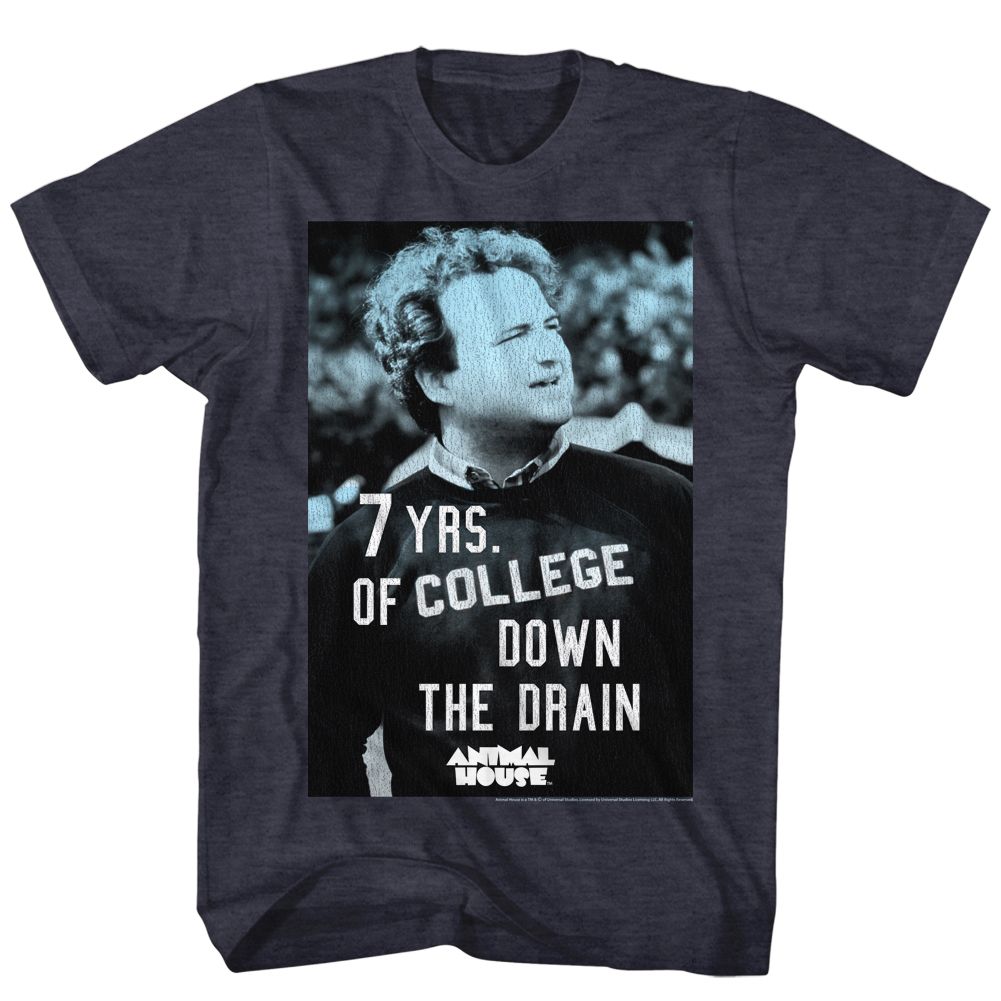 Navy heather Animal House t-shirt featuring Animal House 7 Years Down The Drain Bluto design