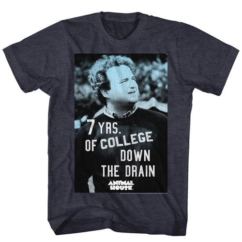 Navy heather Animal House t-shirt featuring Animal House 7 Years Down The Drain Bluto design