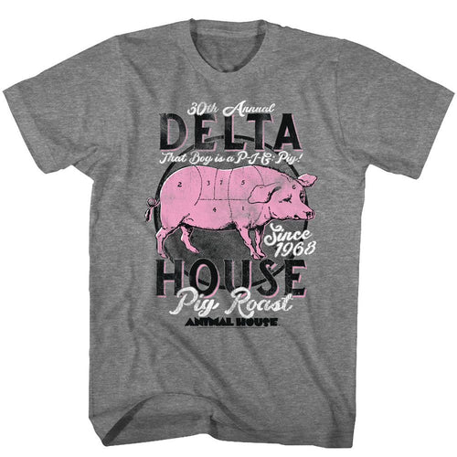 Graphite heather Animal House t-shirt featuring Animal House Pig Roast Delta party design