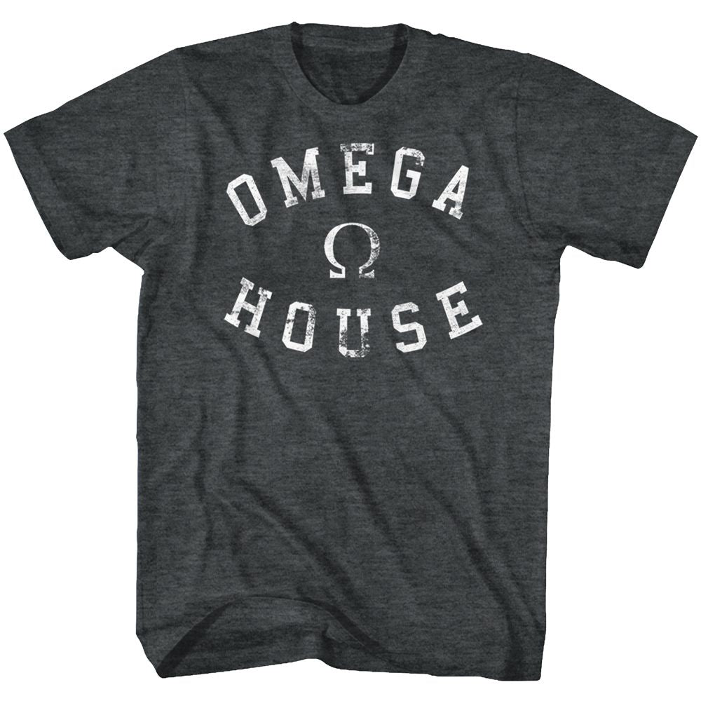 Black heather Animal House t-shirt featuring Animal House Omega House rival fraternity design