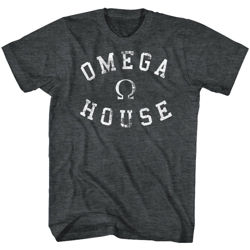 Black heather Animal House t-shirt featuring Animal House Omega House rival fraternity design