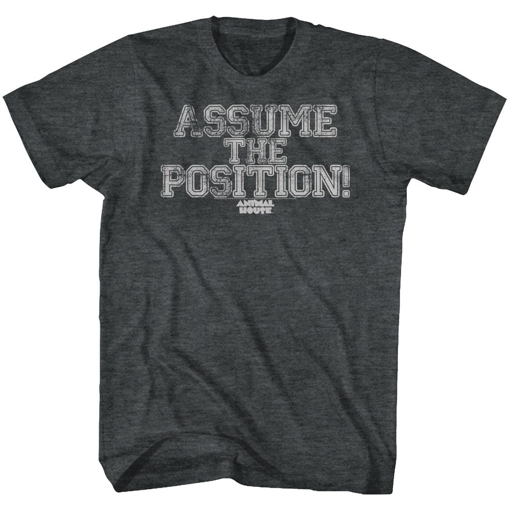 Black heather Animal House t-shirt featuring Animal House Position Yourself design