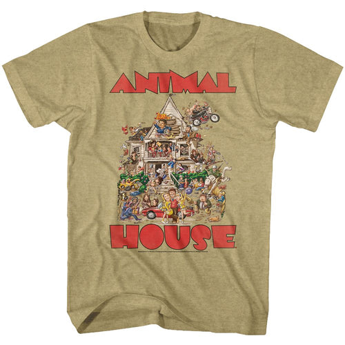 Khaki heather Animal House t-shirt featuring Animal House The House Delta Tau Chi design