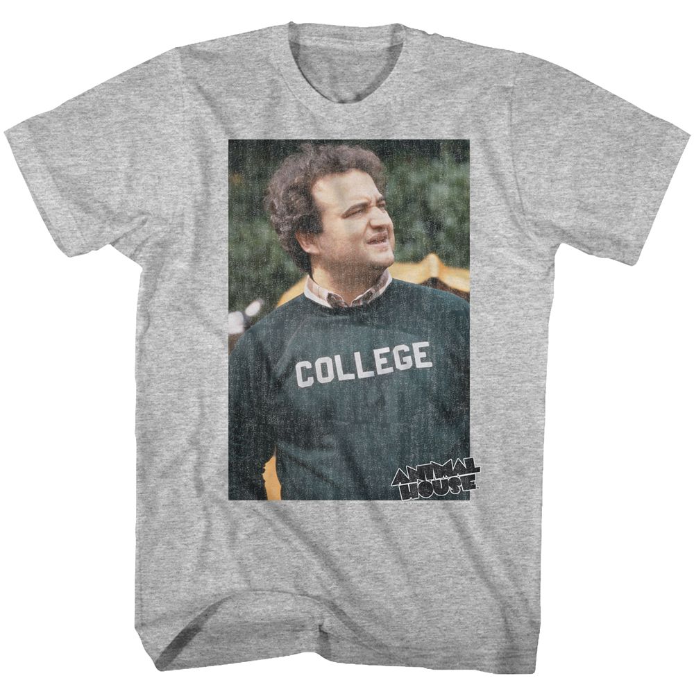Gray heather Animal House t-shirt featuring Animal House Huh confused reaction Bluto design
