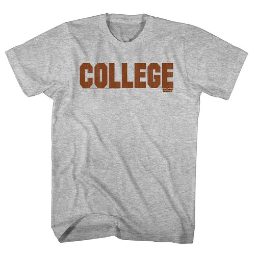 Gray heather Animal House t-shirt featuring Animal House COLLEGE orange design