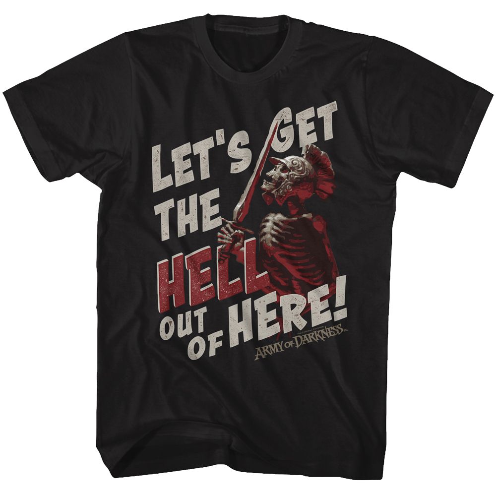 Black Army of Darkness t-shirt featuring Army of Darkness Get Me Out Of Here Ash design