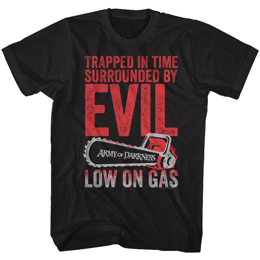 Black Army of Darkness t-shirt featuring Army of Darkness Low On Gas design