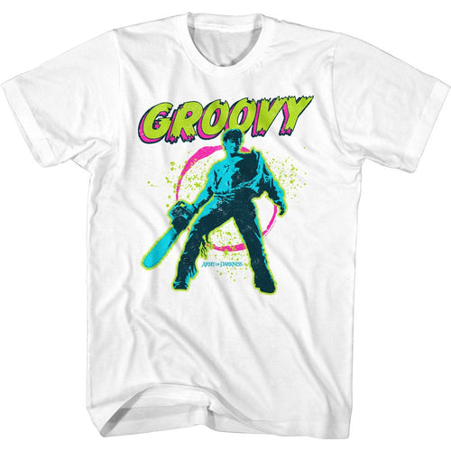 White Army of Darkness t-shirt featuring Army of Darkness Groovy Ash catchphrase design