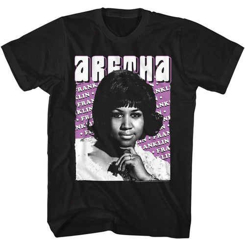 Black Aretha Franklin t-shirt featuring Aretha Franklin repeated name typography design