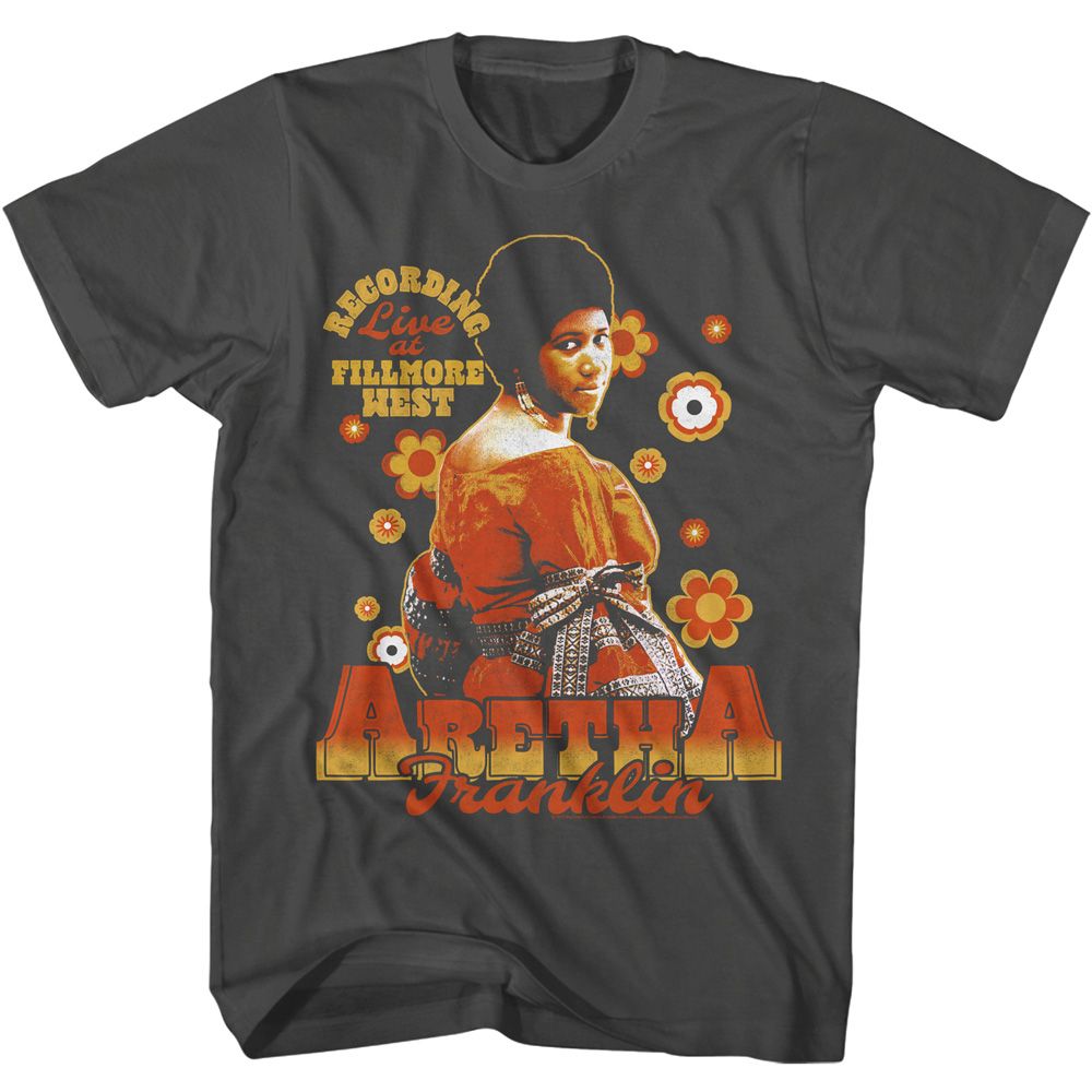 Smoke gray Aretha Franklin t-shirt featuring Aretha Franklin retro flowers design
