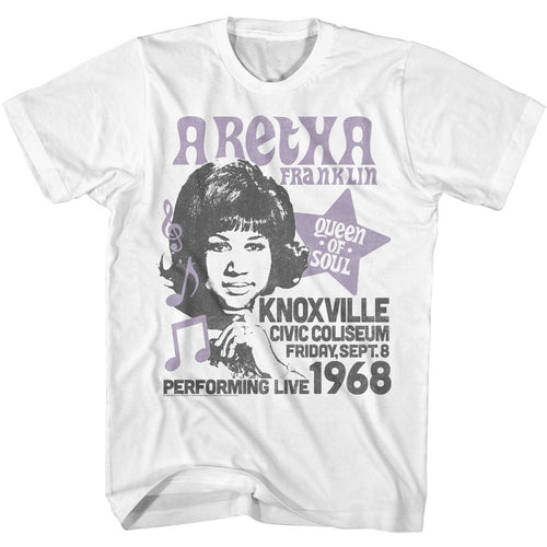 White Aretha Franklin t-shirt featuring Aretha Franklin Knoxville 1968 concert design