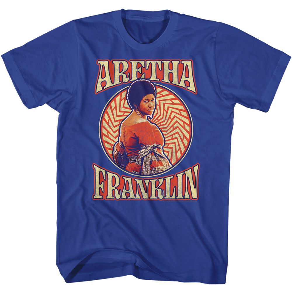 Royal blue Aretha Franklin t-shirt featuring Aretha Franklin Pattern Circle design