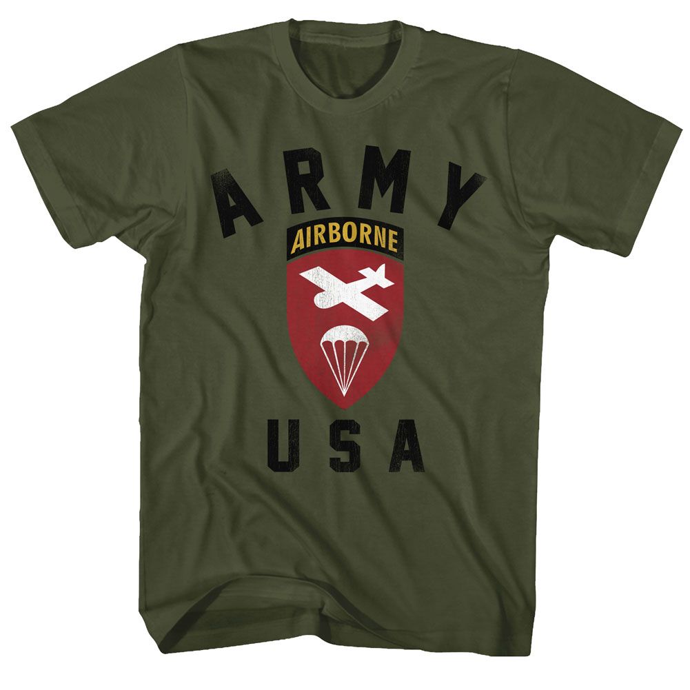 Military green US Army t-shirt featuring US Army Airborne paratrooper division design