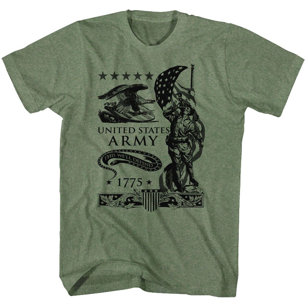 Military green heather US Army t-shirt featuring US Army This Well Defend motto design