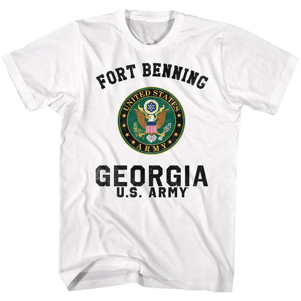 White US Army t-shirt featuring US Army Fort Benning Georgia training base design