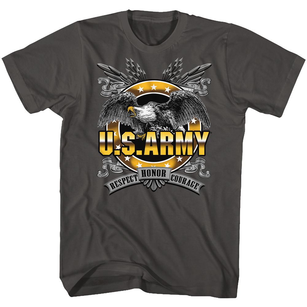 Smoke gray US Army t-shirt featuring US Army Honor Respect Courage values design