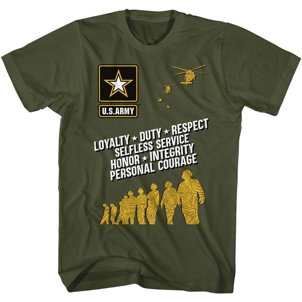 Military green US Army t-shirt featuring US Army Values LDRSHIP design