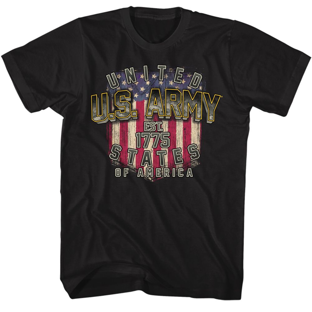 Black US Army t-shirt featuring US Army and American Flag patriotic design