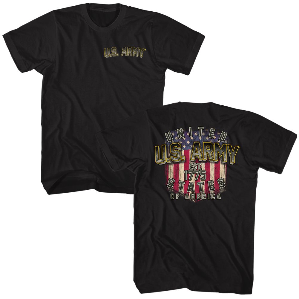 Black US Army t-shirt featuring US Army American Flag front and back patriotic design