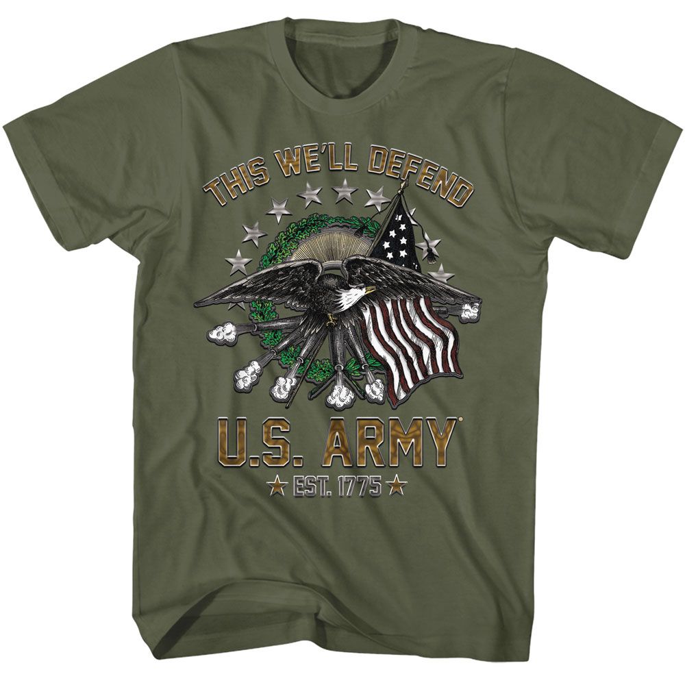 Military green US Army t-shirt featuring US Army This We Will Defend motto design