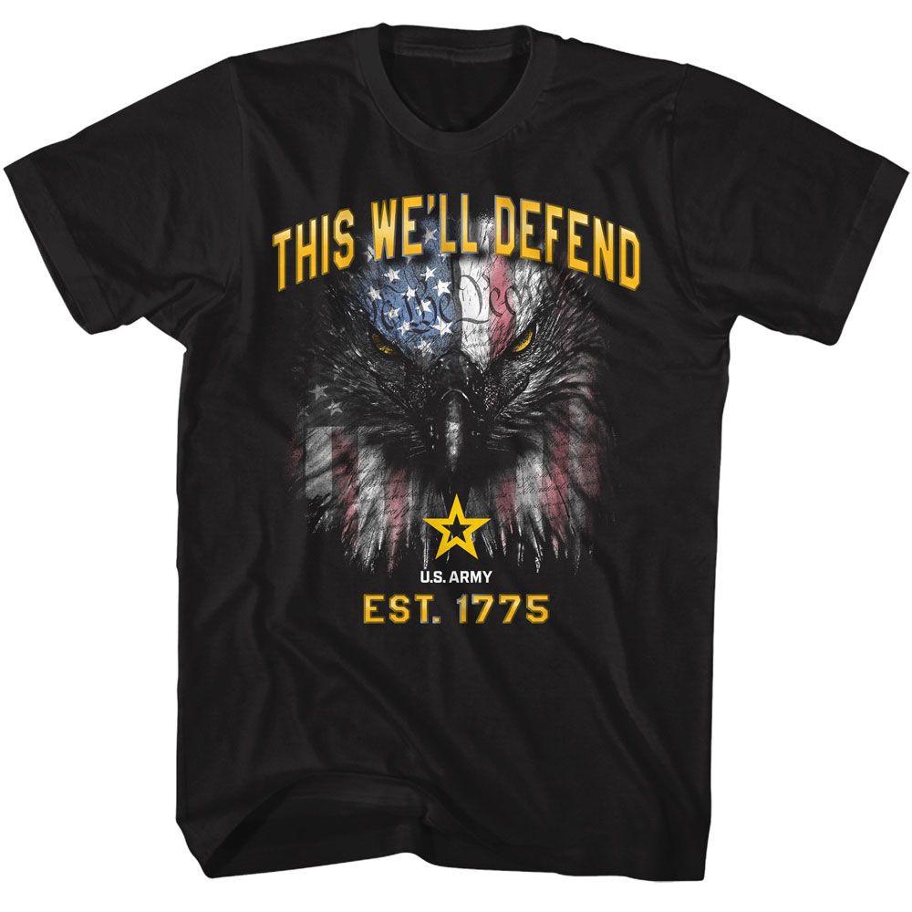 Black US Army t-shirt featuring US Army This Well Defend motto design