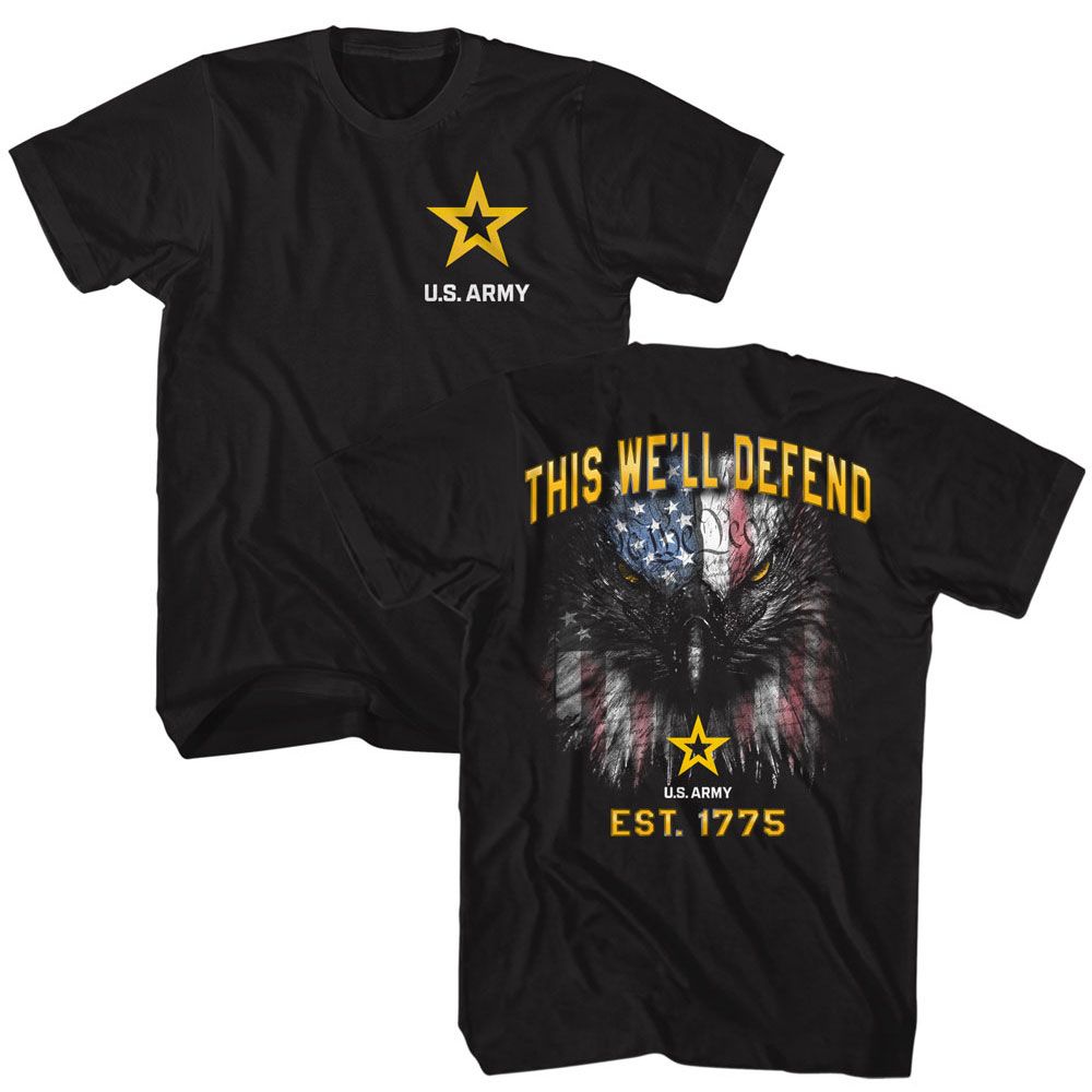 Black US Army t-shirt featuring US Army Well Defend front and back motto design
